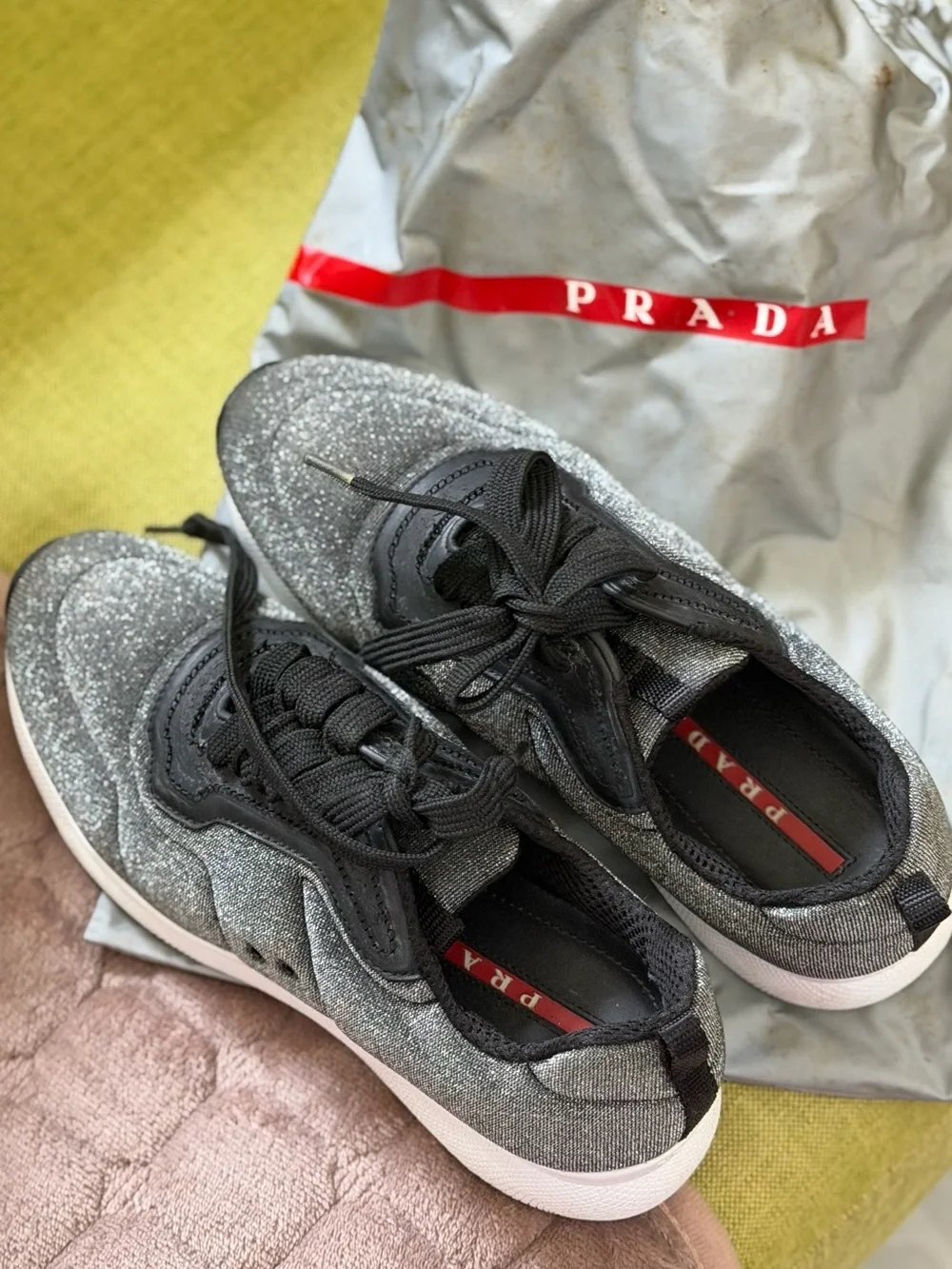Prada Silver Glitter and Black Lace-Up Sneakers